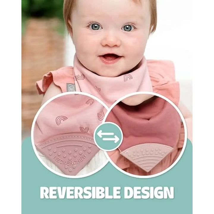 Cheeky Chompers Neckerchew for Babies &amp; Toddlers, Reversible Bib with Attached Silicone Teether, Super Absorbent, BPA-Free, 2–24 Months - Rainbow Rose
