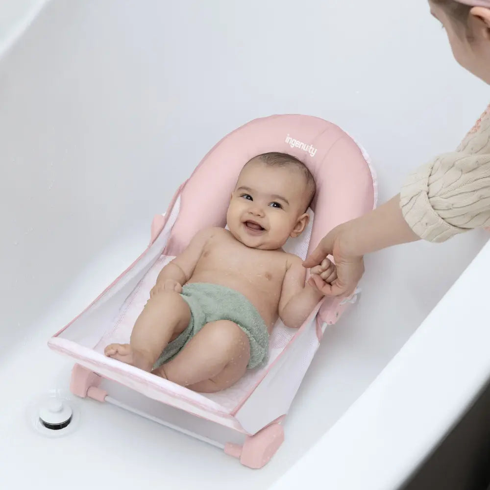 Ingenuity FoldAway 2-Position Baby Bath Bather with Mesh Sling &amp; Headrest, Pink, 0–6 Months, Upto 9 kgs