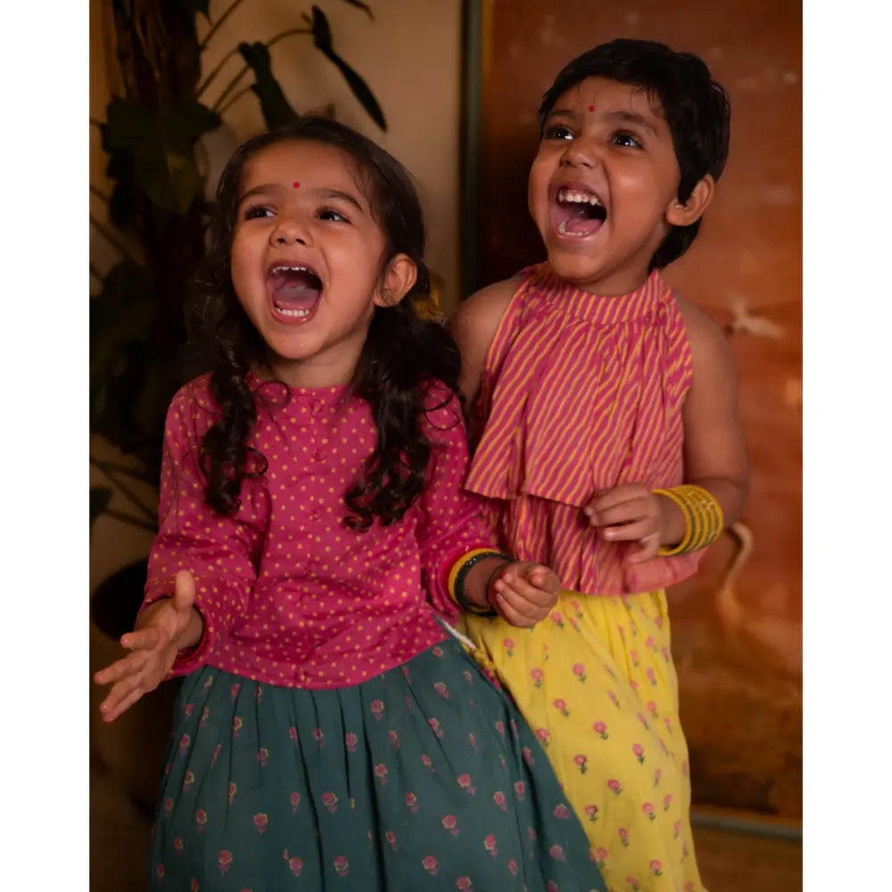 Love The World Today Kopal Magenta Polka Blouse &amp; Green Floral Booti Lehenga Set For Girls