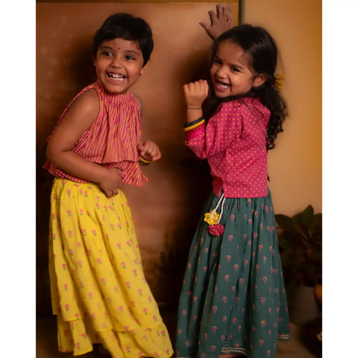 Love The World Today Kopal Magenta Polka Blouse &amp; Green Floral Booti Lehenga Set For Girls