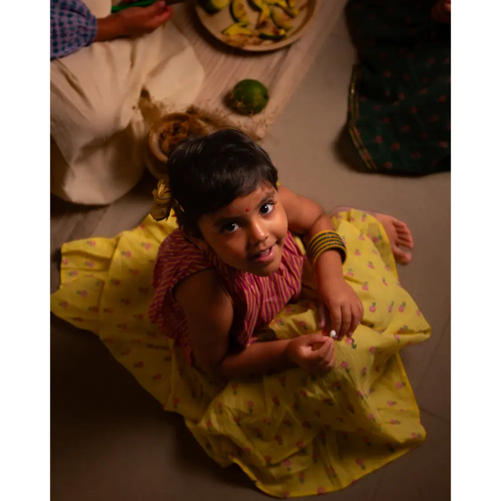 Love The World Today Meera Pink Striped Halter Choli and Yellow Floral Booti Lehenga Set For Girls