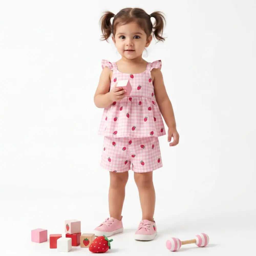 Sweetlime By AS Organic Cotton Strawberry Bliss Baby Girl Top &amp; Shorts Set -  Pink
