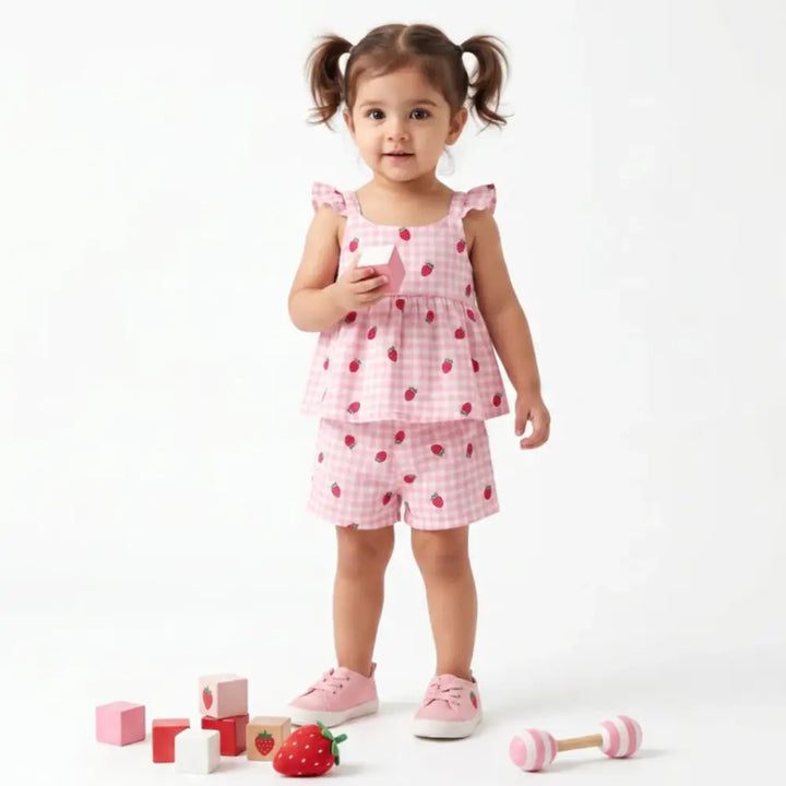 Sweetlime By AS Organic Cotton Strawberry Bliss Baby Girl Top &amp; Shorts Set -  Pink