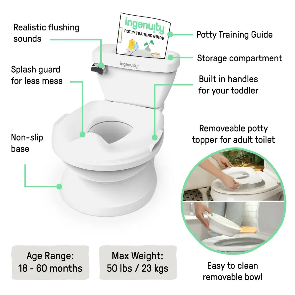 Ingenuity My Size Potty Pro 2-in-1 Toddler Potty Training Toilet with Flush Sound &amp; Detachable Potty Ring, 18 - 60 months, White