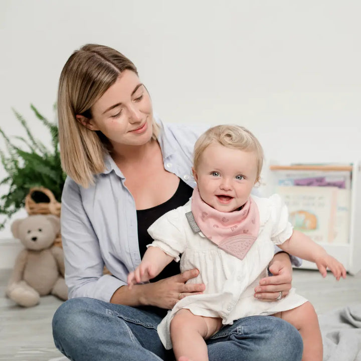 Cheeky Chompers Neckerchew for Babies &amp; Toddlers, Reversible Bib with Attached Silicone Teether, Super Absorbent, BPA-Free, 2–24 Months - Rainbow Rose
