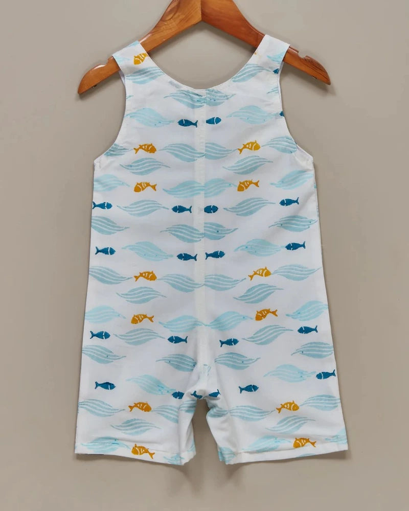 Liz Jacob Boys | Off-white Blockprinted Cotton Romper | Fish named Chips
