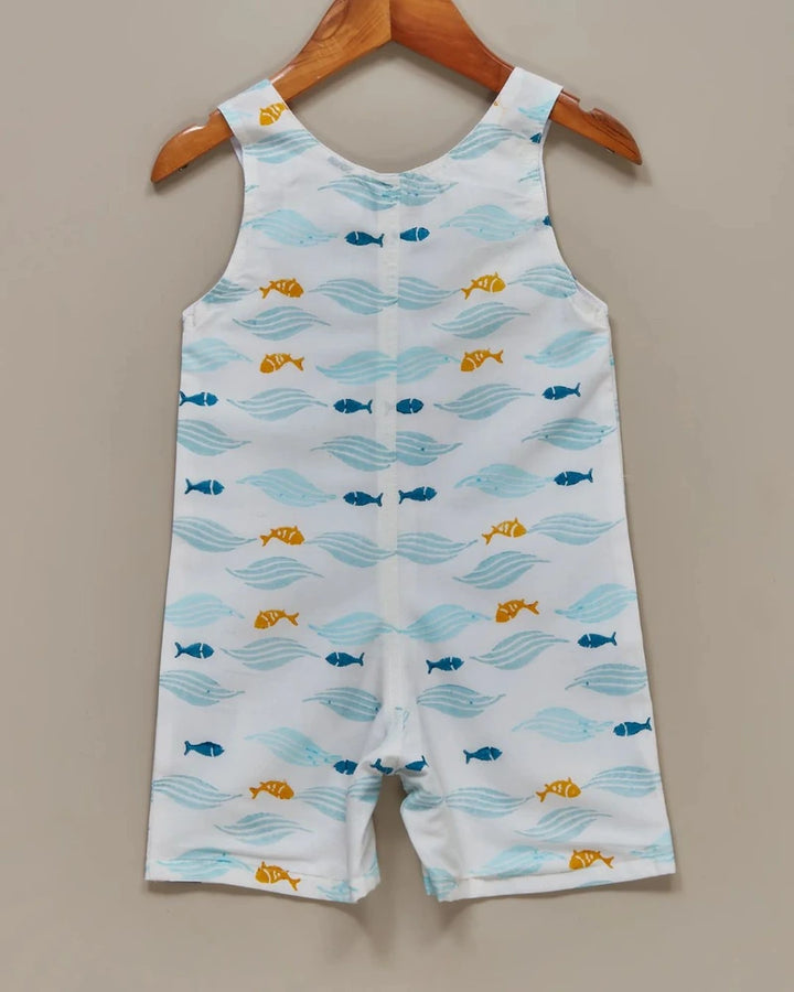 Liz Jacob Boys | Off-white Blockprinted Cotton Romper | Fish named Chips