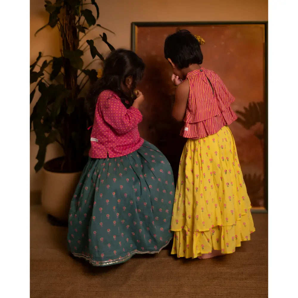 Love The World Today Meera Pink Striped Halter Choli and Yellow Floral Booti Lehenga Set For Girls