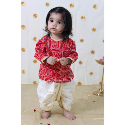 Tiber Taber Baby Boy Bandhani Print Cotton Dhoti Kurta Set - Red