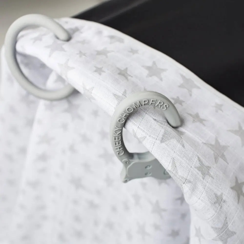 Cheeky Chompers 6-in-1 Muslin Breastfeeding Cover &amp; Teething Cloth, Bamboo &amp; Organic Cotton, Multi-Use Baby Essential with Silicone Teething Rings, Lightweight &amp; Breathable, Newborn+ - Silver Stars