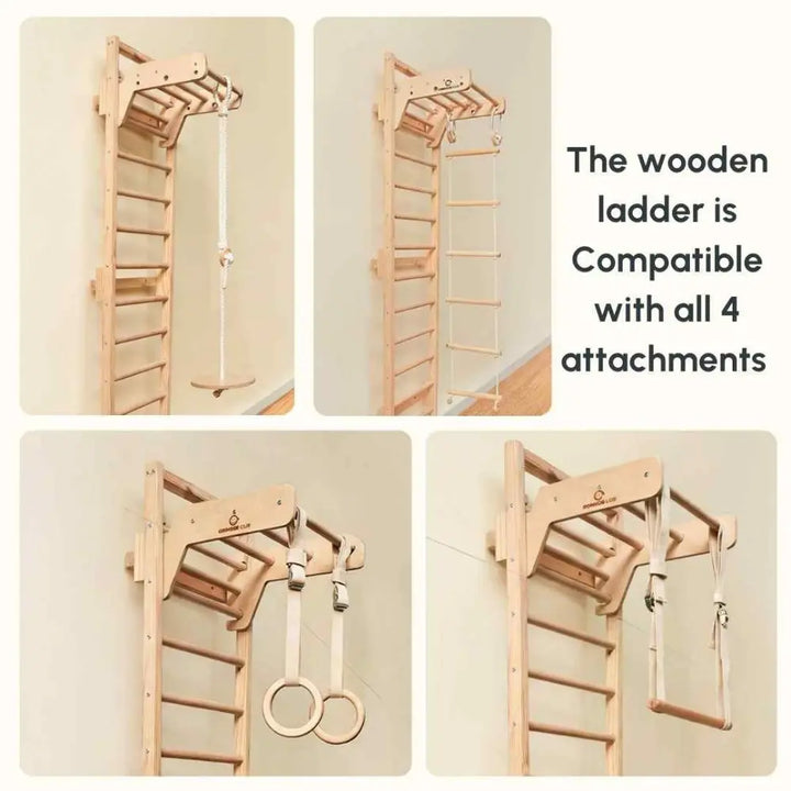 Curious Cub L-Shaped Corner Jungle Gym | 5 Components - Wooden Ladder, Moveable Monkey Bar, Rock Climbing, Rope ladder, Gymnastic Rings | Ages 4-15 Years