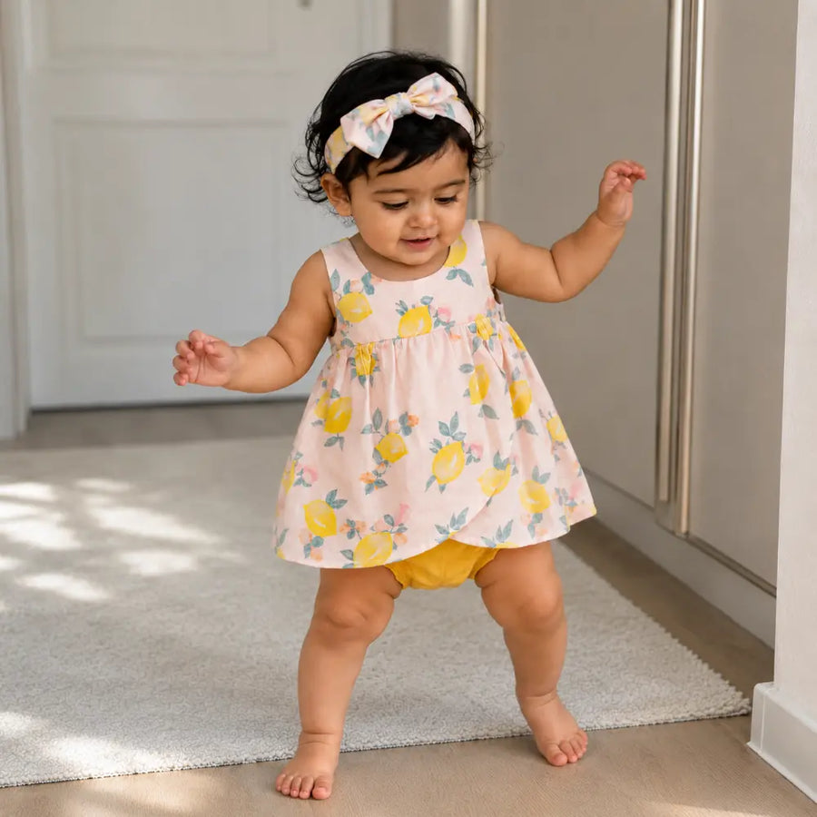 Pattuti Sustainable Cambric Set Of Lemon Print Frock Set With Attached Bodysuit + Hairband - Lemon Print