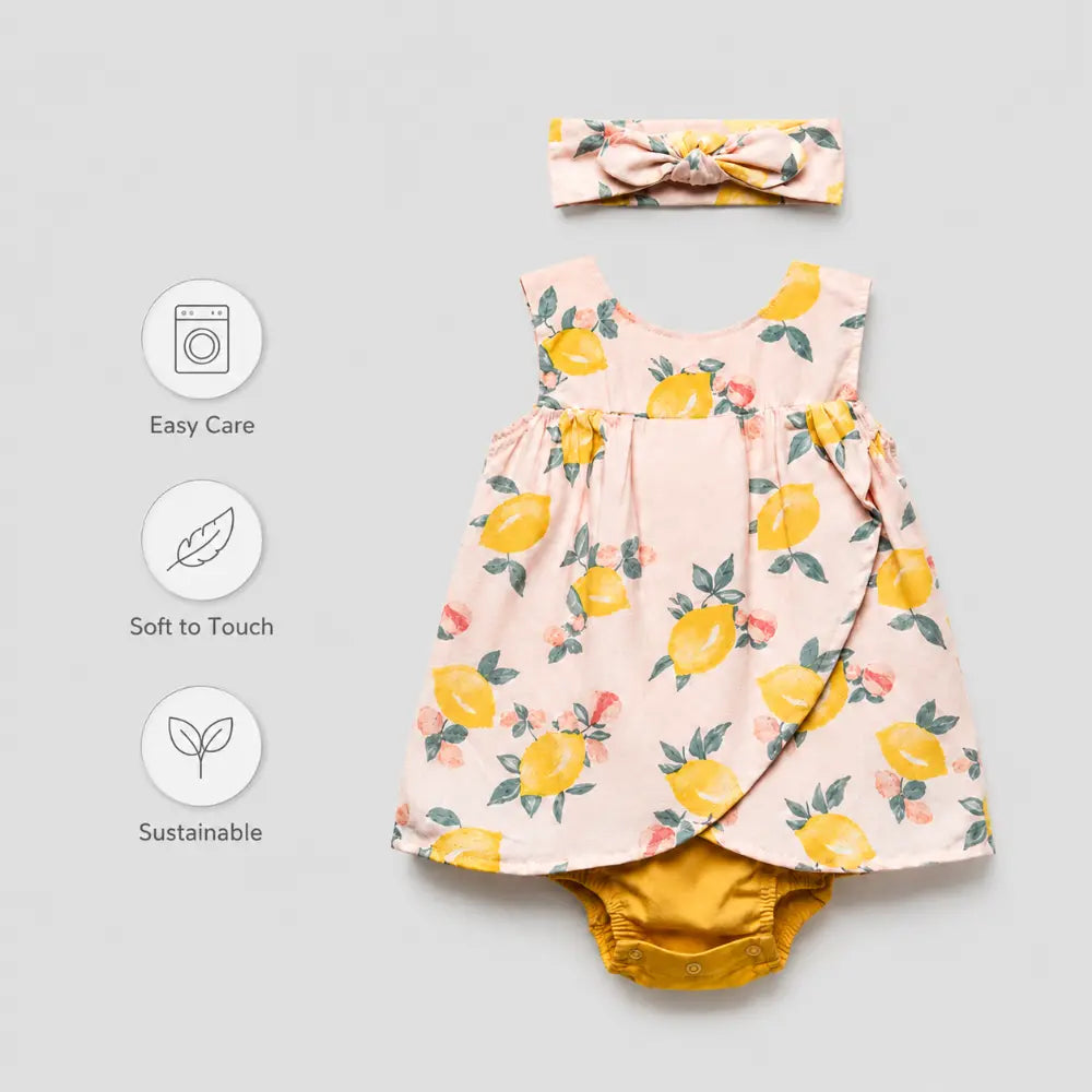 Pattuti Sustainable Cambric Set Of Lemon Print Frock Set With Attached Bodysuit + Hairband - Lemon Print