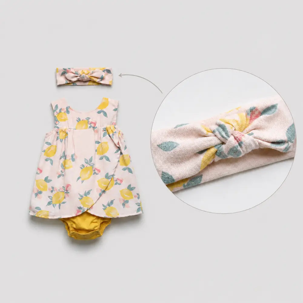 Pattuti Sustainable Cambric Set Of Lemon Print Frock Set With Attached Bodysuit + Hairband - Lemon Print