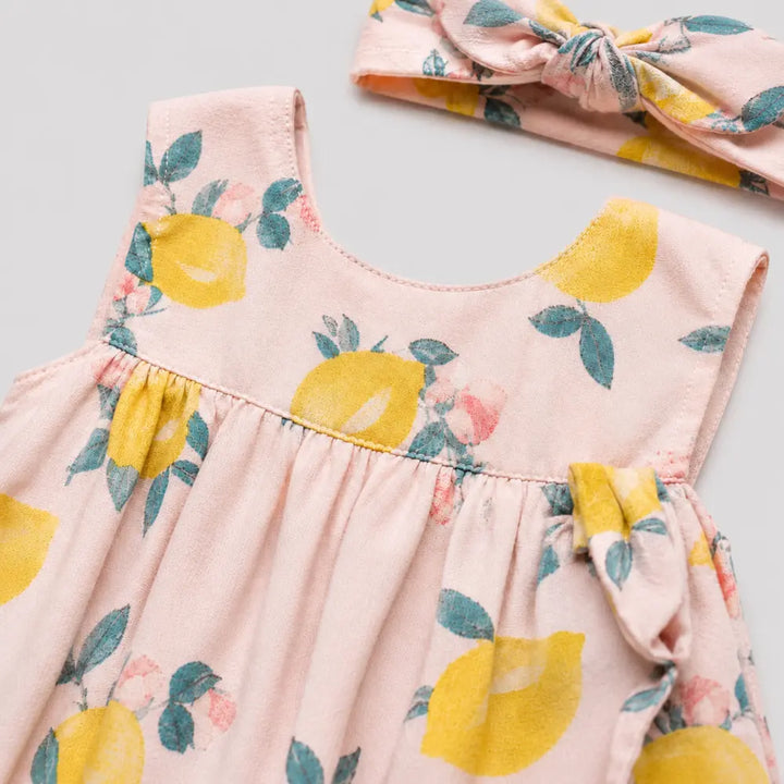 Pattuti Sustainable Cambric Set Of Lemon Print Frock Set With Attached Bodysuit + Hairband - Lemon Print