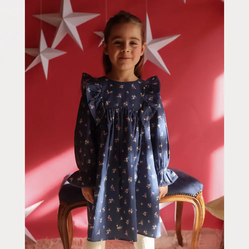 Early Sunday Margot Dress For Girls - Ditsy Bouquet Navy