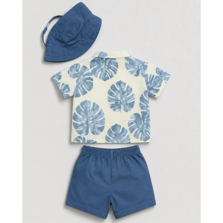 Pattuti Sustainable Cotton Tropical Print Shirt,Shorts &amp; Hat Set - Navy Blue