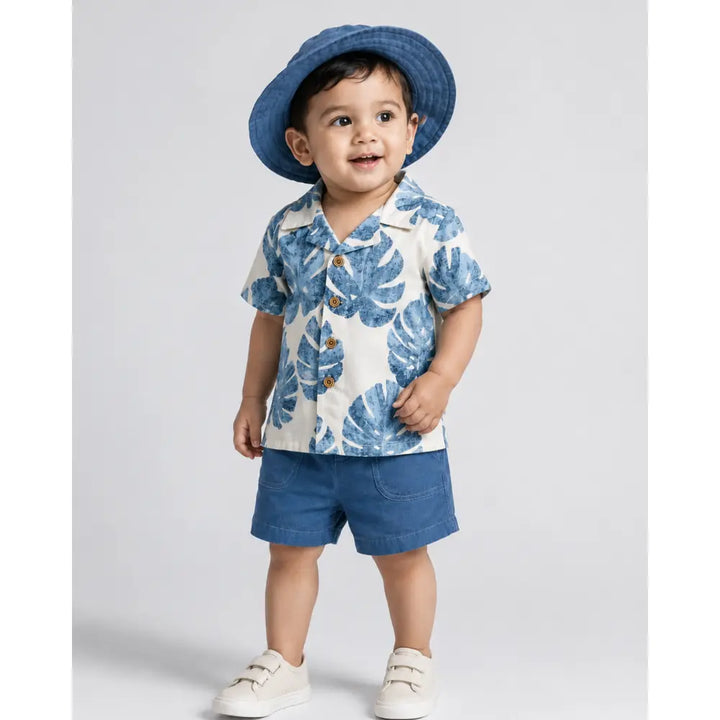 Pattuti Sustainable Cotton Tropical Print Shirt,Shorts &amp; Hat Set - Navy Blue