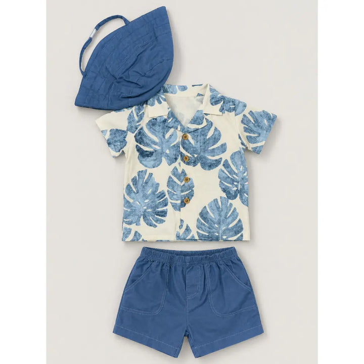 Pattuti Sustainable Cotton Tropical Print Shirt,Shorts &amp; Hat Set - Navy Blue