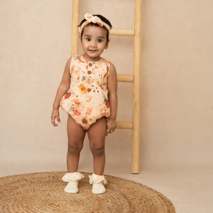 Cot &amp; Candy Baby Organic Muslin Bubble Romper-Flora