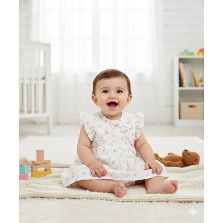 Sweetlime By AS White Ditsy Pink Floral Organic Cotton Dress &amp; Bloomer Co-ord