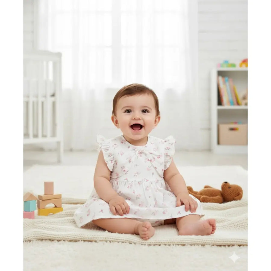 Sweetlime By AS White Ditsy Pink Floral Organic Cotton Dress & Bloomer Co-ord