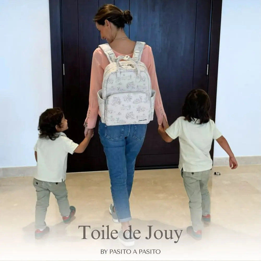 Pasito a Pasito Diaper Backpack with Changing Pad, Large Capacity Water-Resistant Bag with Multi-Pocket Organizer, Insulated Bottle Pocket, Shoulder &amp; Stroller Straps, Toile de Jouy Faux Leather - Cream