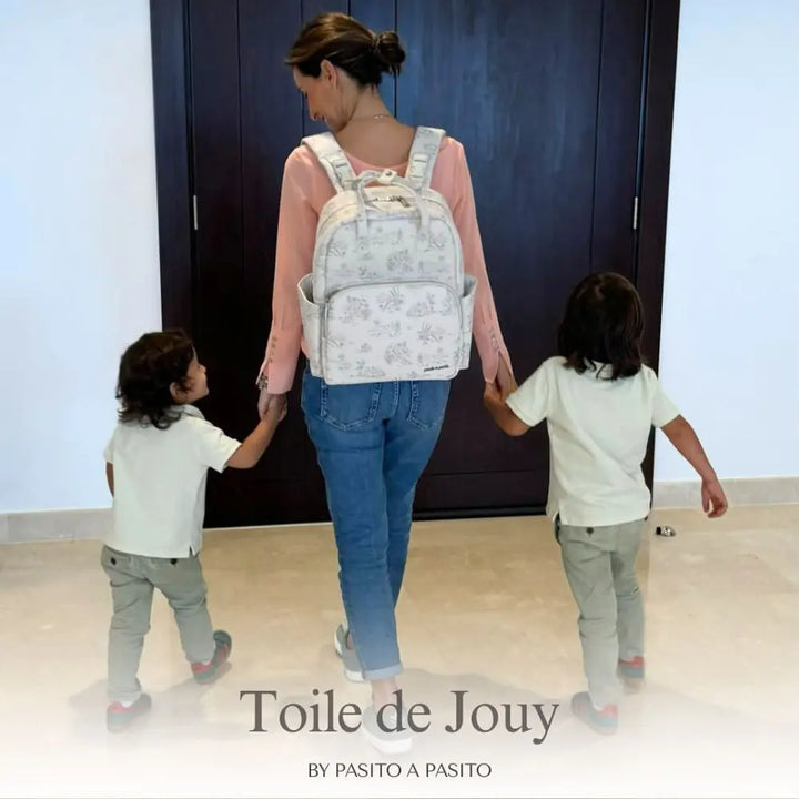 Pasito a Pasito Diaper Backpack with Changing Pad, Large Capacity Water-Resistant Bag with Multi-Pocket Organizer, Insulated Bottle Pocket, Shoulder &amp; Stroller Straps, Toile de Jouy Faux Leather - Cream
