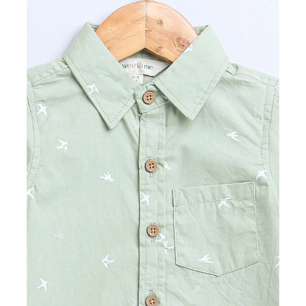 Sweetlime By AS Bird Print Cotton Poplin Boys Shirt &amp; Cotton Slub Shorts - Green &amp; White