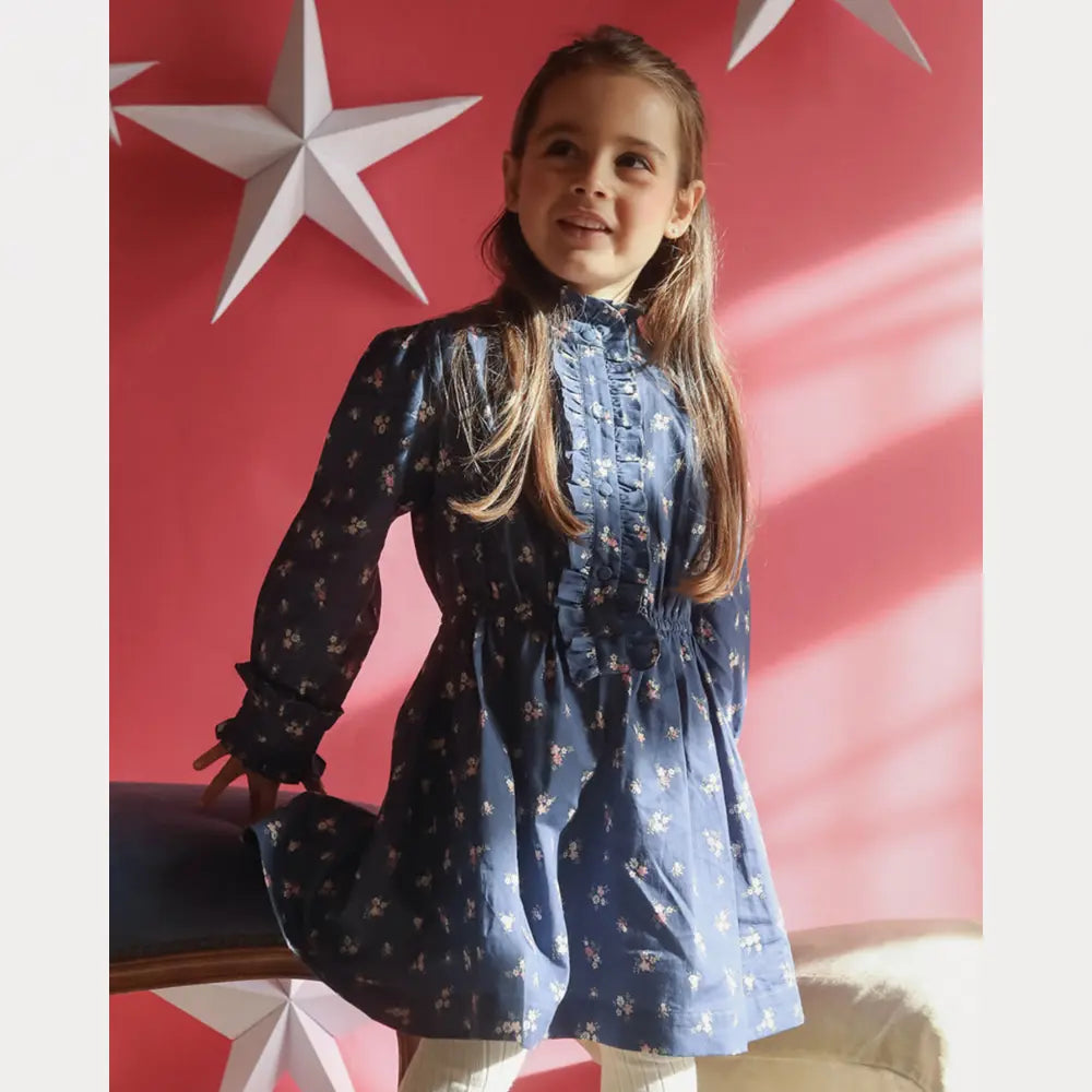 Early Sunday Dawn Dress For Girls - Ditsy Bouquet Navy