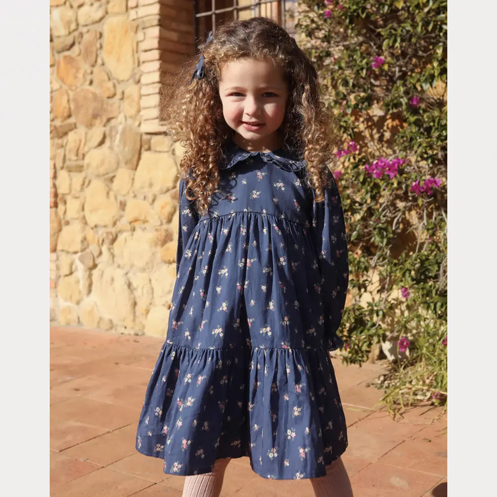 Early Sunday Marguerite Dress For Girls - Ditsy Bouquet Navy