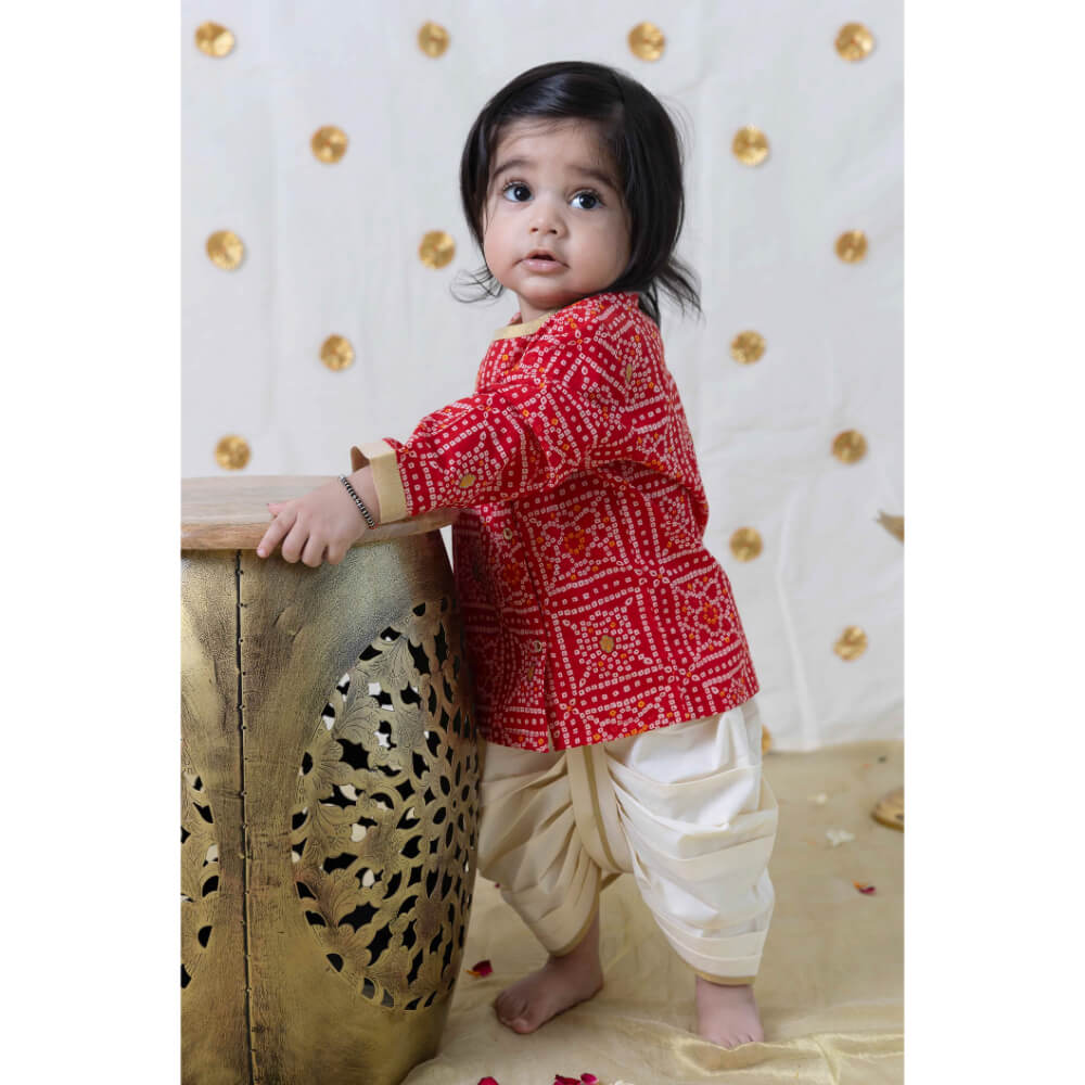 Tiber Taber Baby Boy Bandhani Print Cotton Dhoti Kurta Set - Red