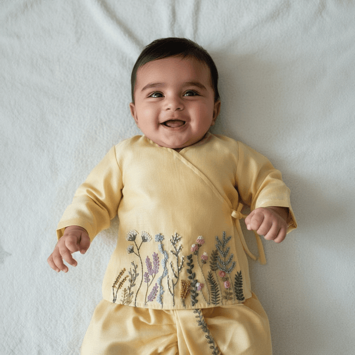 PureCloth.Co Co Jamna Set for Newborn Boys Chanderi Silk - Yellow