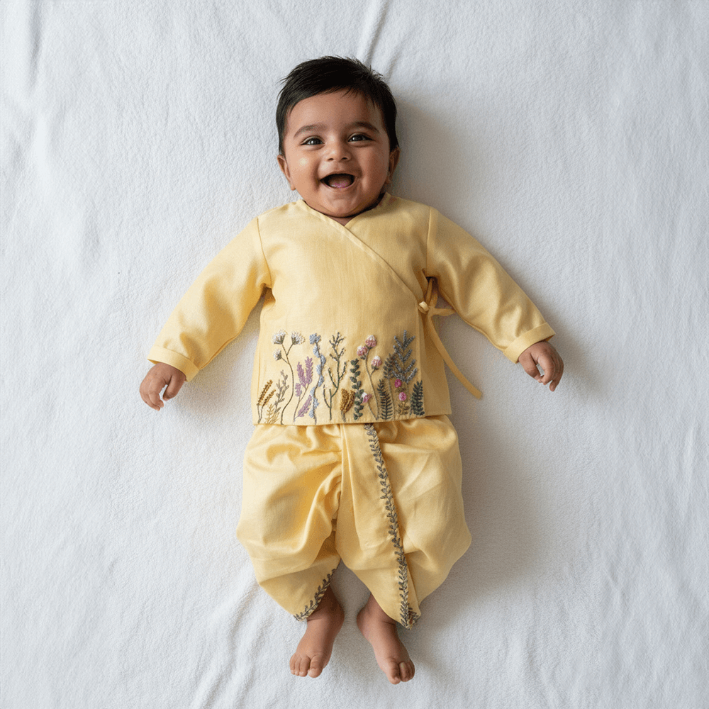 PureCloth.Co Co Jamna Set for Newborn Boys Chanderi Silk - Yellow