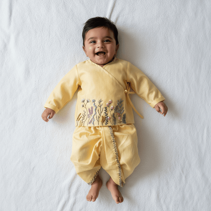 PureCloth.Co Co Jamna Set for Newborn Boys Chanderi Silk - Yellow