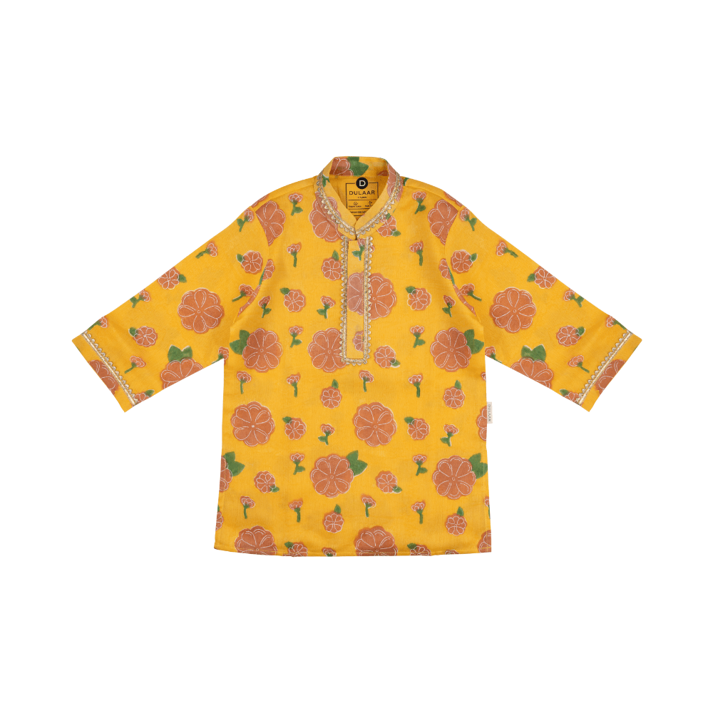 Dulaar Chanderi Kurta Pyjama Set | Hand-Block Printed (Gota Work) - Genda Phool