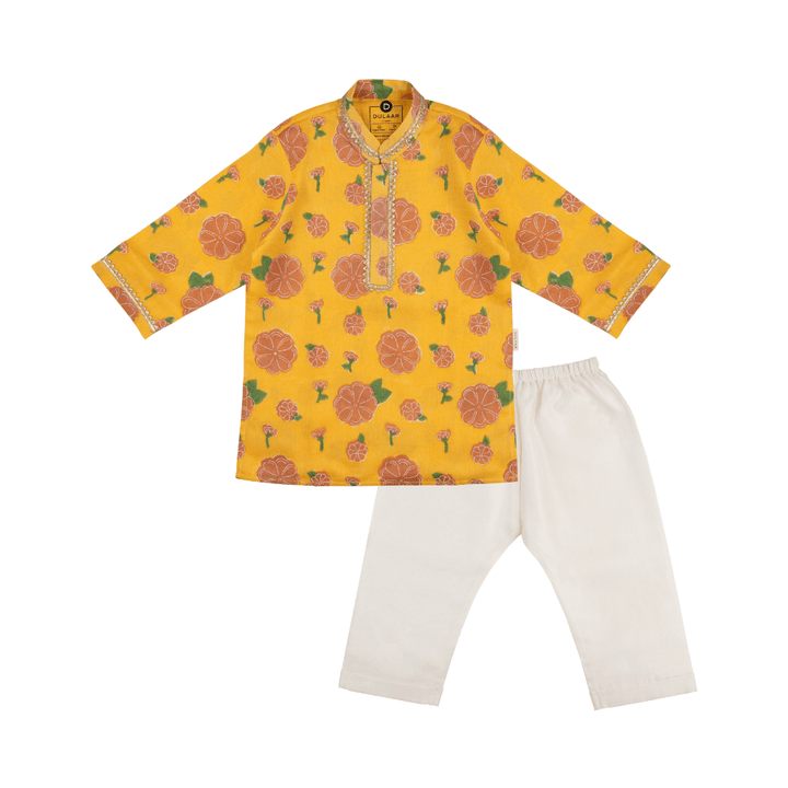 Dulaar Chanderi Kurta Pyjama Set | Hand-Block Printed (Gota Work) - Genda Phool