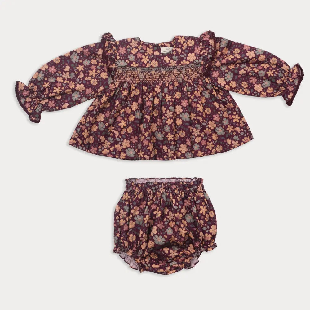 Early Sunday Ellie Baby Dress &amp; Bloomer Set - Garden Flowers Plum