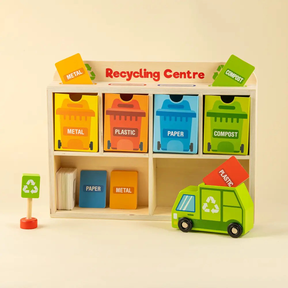 Playbox Tiny Trash Hub | Recycling Center &amp; Toy Truck Set