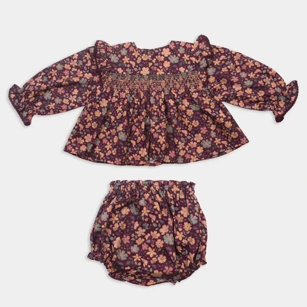 Early Sunday Ellie Baby Dress &amp; Bloomer Set - Garden Flowers Plum