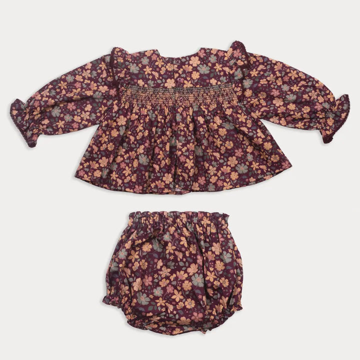 Early Sunday Ellie Baby Dress &amp; Bloomer Set - Garden Flowers Plum