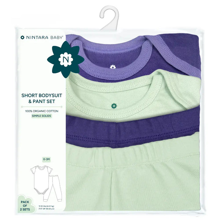 Nintara Baby 100% Cotton Unisex Bodysuit &amp; Pant Set – Simple Solids (Pack of 2)