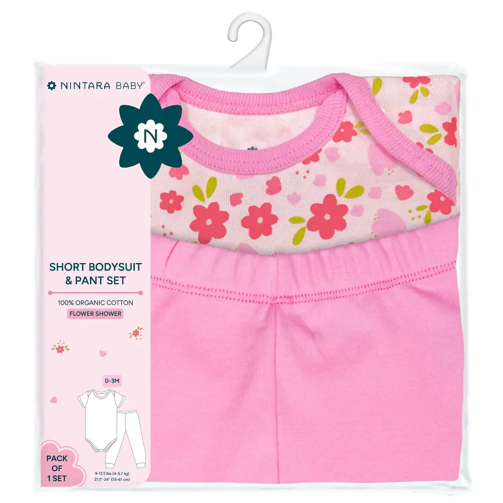 Nintara Baby 100% Unisex Cotton Bodysuit &amp; Pant Set – Flower Shower