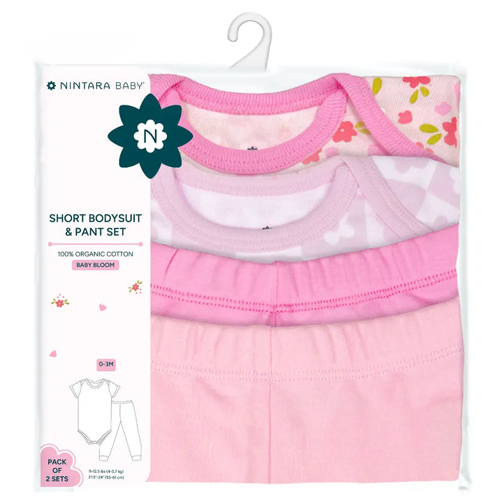 Nintara Baby 100% Cotton Unisex Bodysuit &amp; Pant Set – Baby Bloom (Pack of 2)