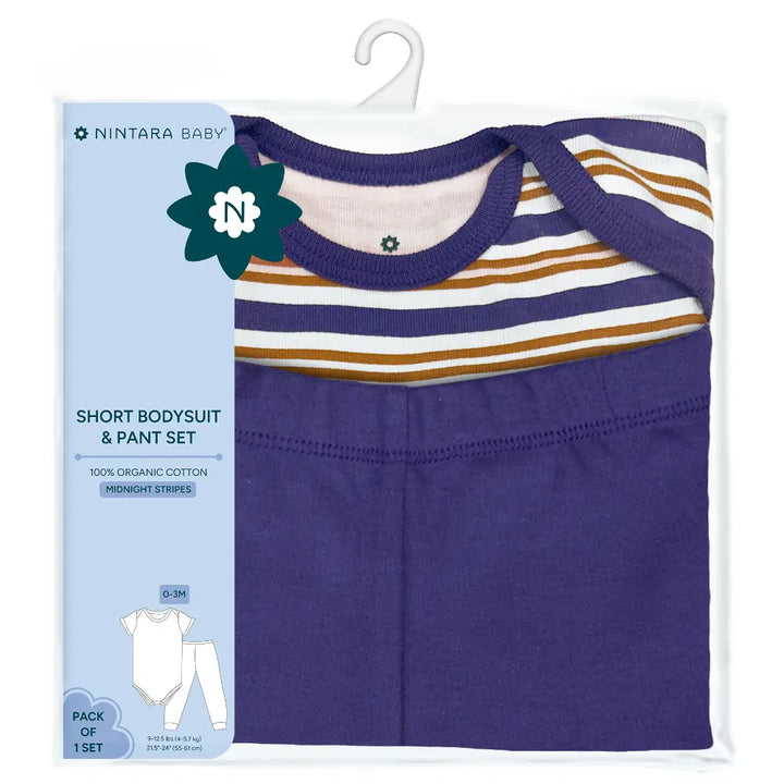 Nintara Baby 100% Unisex Cotton Bodysuit &amp; Pant Set – Midnight Stripes