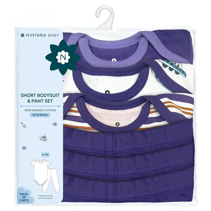 Nintara Baby 100% Cotton Unisex Bodysuit &amp; Pant Set – Up in Space (Pack of 3)