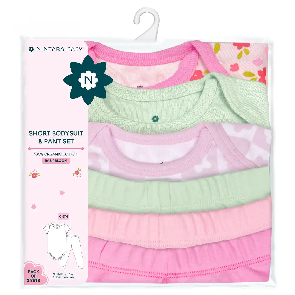 Nintara Baby 100% Cotton Unisex Bodysuit &amp; Pant Set – Baby Bloom (Pack of 3)