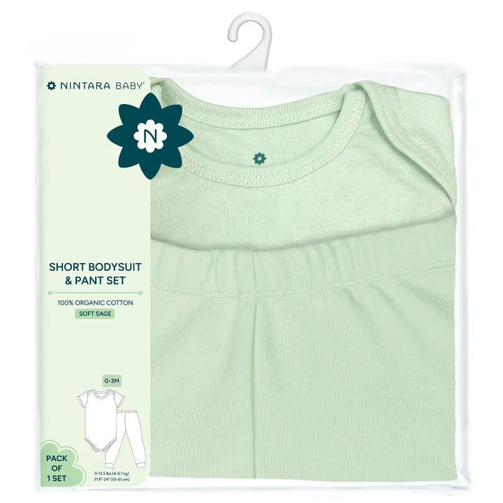Nintara Baby 100% Cotton Unisex Bodysuit &amp; Pant Set – Soft Sage
