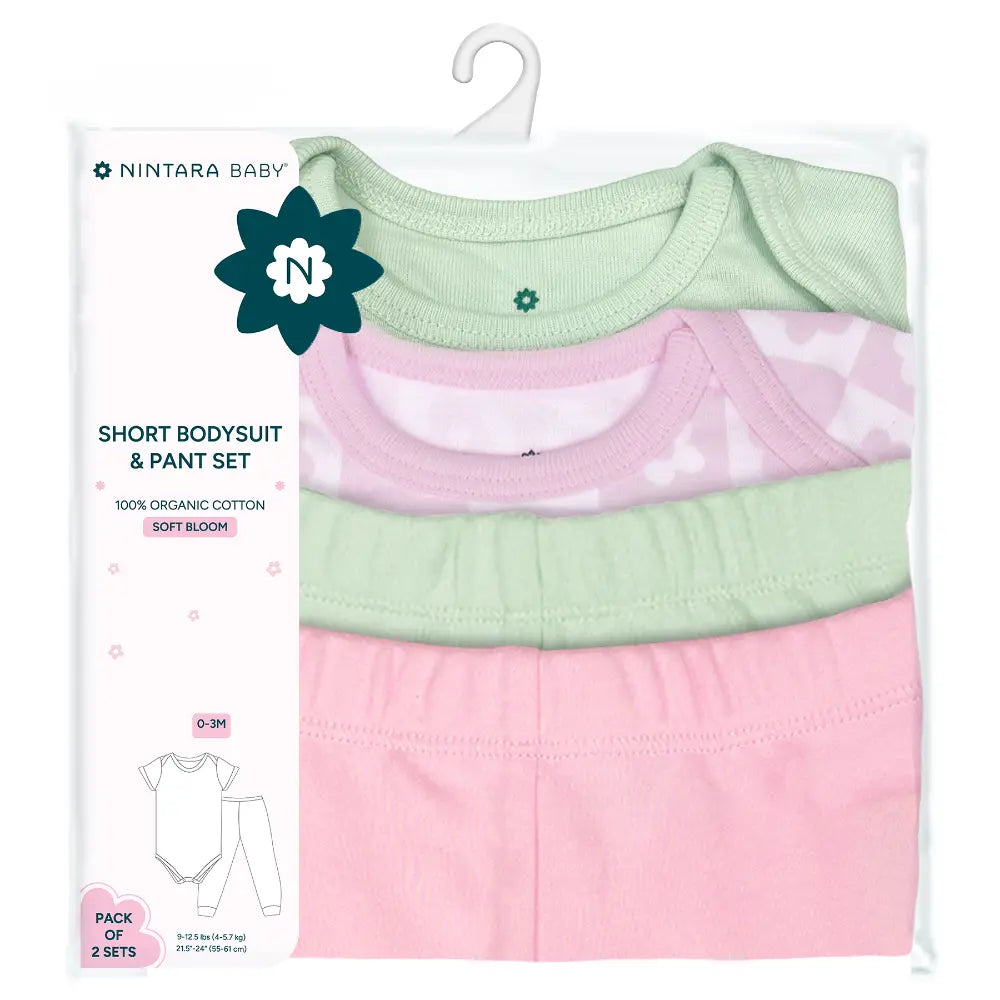 Nintara Baby 100% Unisex Cotton Bodysuit &amp; Pant Set – Soft Bloom (Pack of 2)