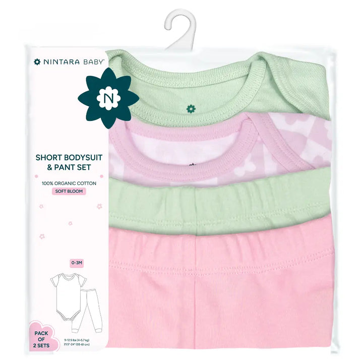 Nintara Baby 100% Unisex Cotton Bodysuit &amp; Pant Set – Soft Bloom (Pack of 2)